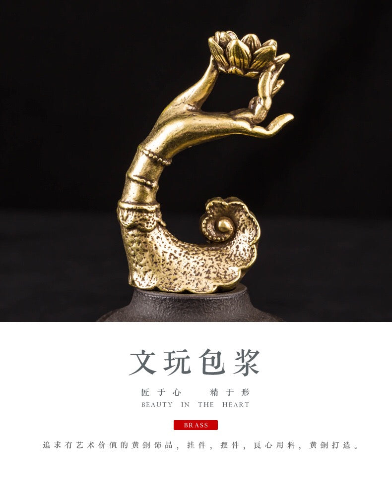 Exquisite brass Buddha hand holding lotus aromatherapy burner | An ideal home decoration for creating a meditation space