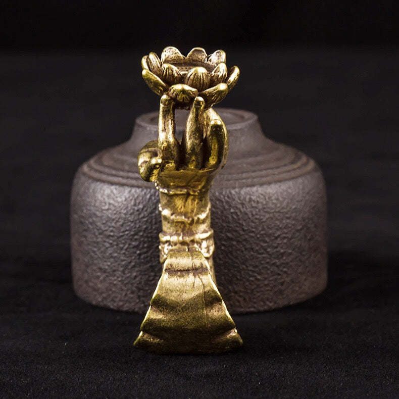 Exquisite brass Buddha hand holding lotus aromatherapy burner | An ideal home decoration for creating a meditation space