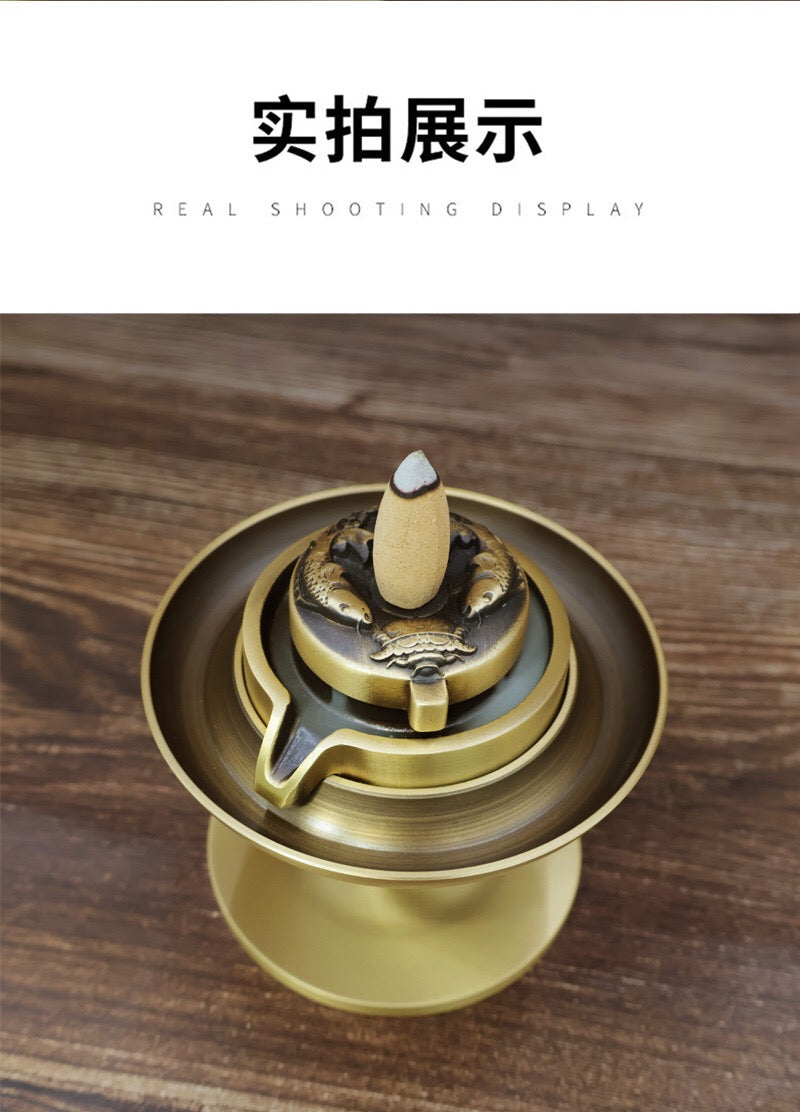 中式復古黃銅雙魚石磨倒流香爐 禪意家居裝飾擺件 香道用品