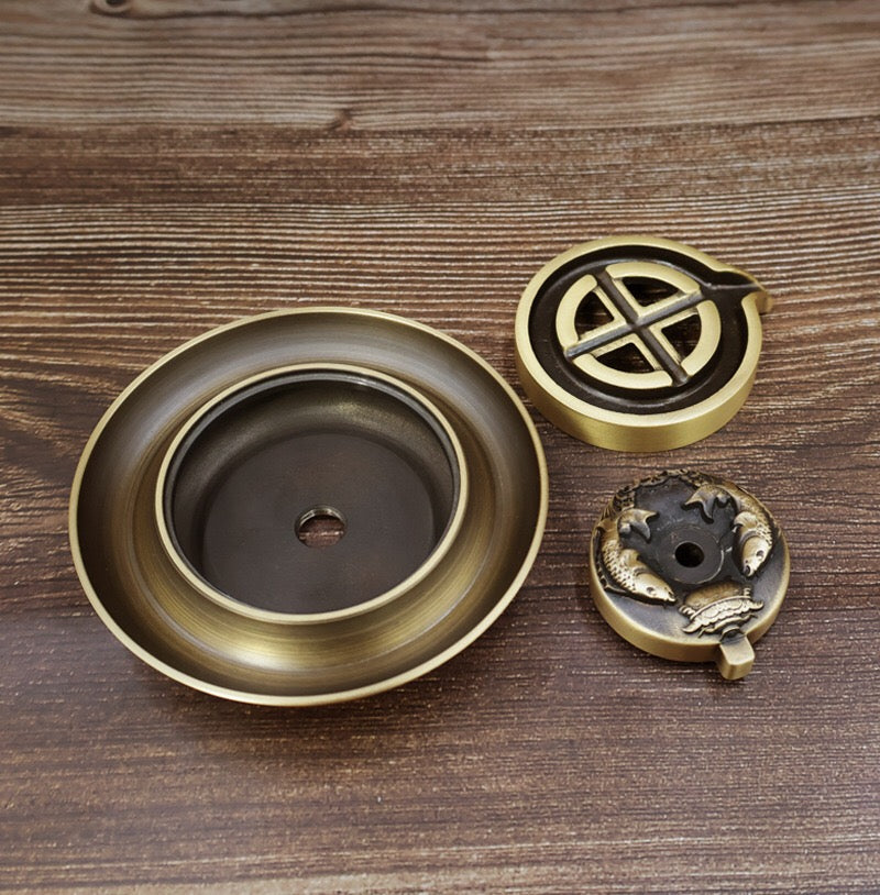 中式復古黃銅雙魚石磨倒流香爐 禪意家居裝飾擺件 香道用品