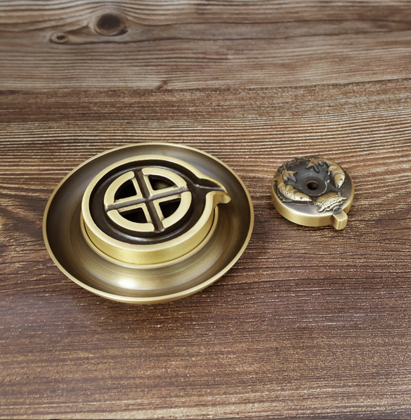 中式復古黃銅雙魚石磨倒流香爐 禪意家居裝飾擺件 香道用品