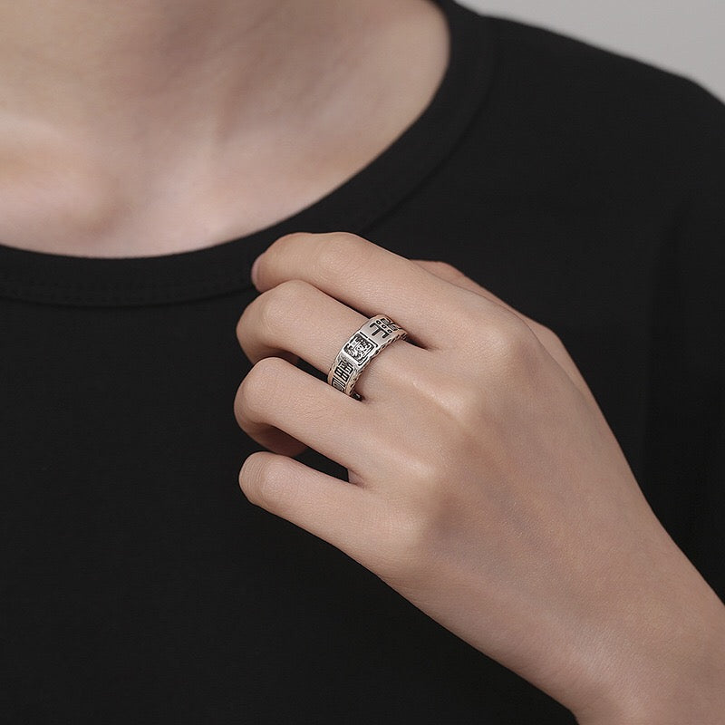 New Chinese style national trend mountain ghost rune ring unisex versatile niche design open ring retro Taoist mountain ghost thunder ring niche design unisex open ring