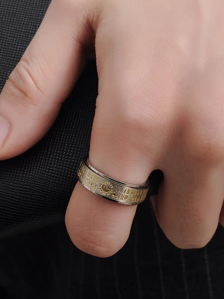National trend Taoist style Five Emperors Coins Eight Diagrams Tai Chi Golden Light Mantra Fortune-changing Rings Unisex Small-scale Jewelry Personalized Couple Rings New Chinese Fashion Jewelry