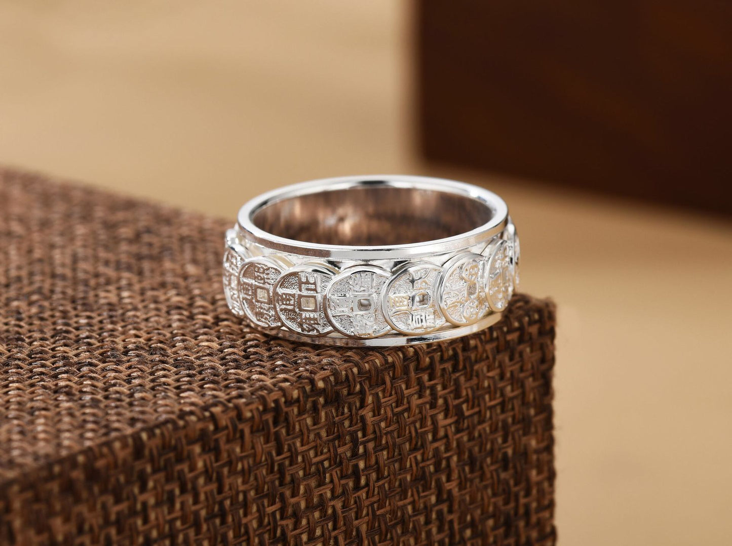 National trend Taoist style Five Emperors Coins Eight Diagrams Tai Chi Golden Light Mantra Fortune-changing Rings Unisex Small-scale Jewelry Personalized Couple Rings New Chinese Fashion Jewelry