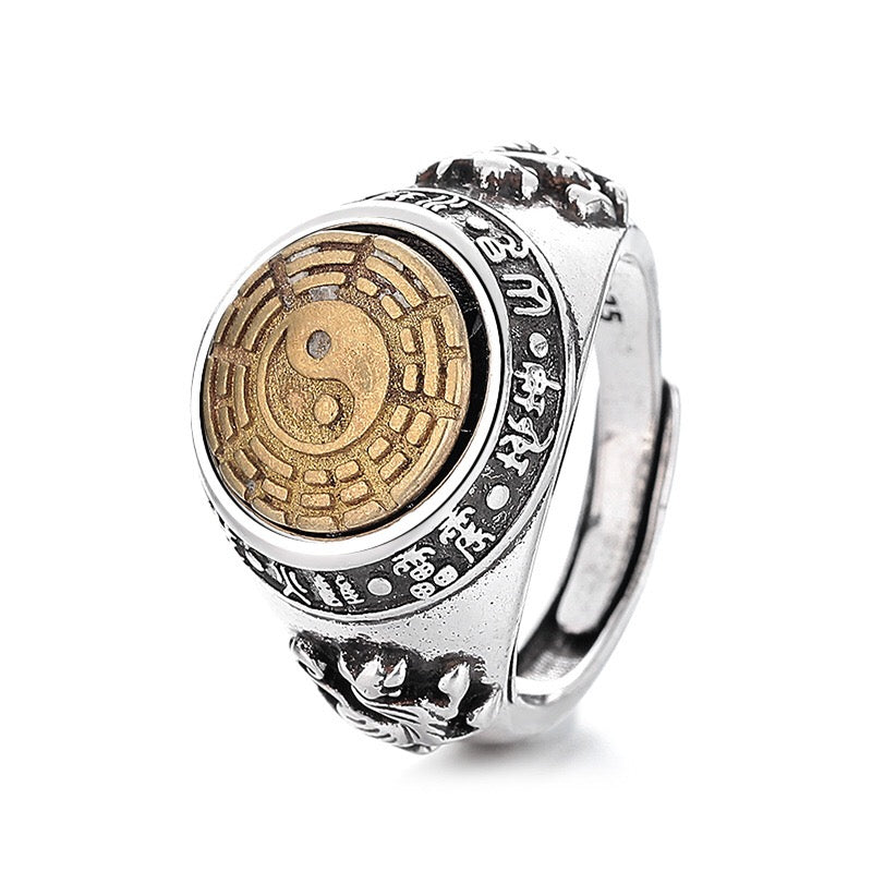 復古道系可調整道家九宮八卦銀戒指男女同款小眾轉運飾品 新中式國潮個性戒指 神祕文化元素時尚配飾 開口戒指 古風潮流可轉動