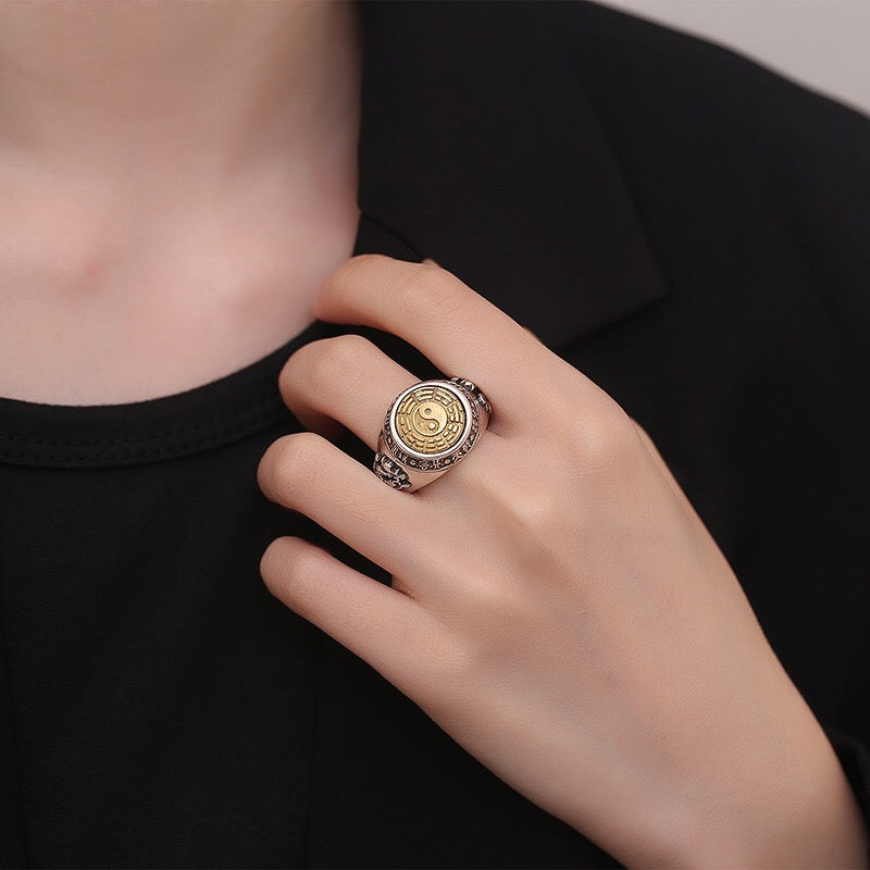 復古道系可調整道家九宮八卦銀戒指男女同款小眾轉運飾品 新中式國潮個性戒指 神祕文化元素時尚配飾 開口戒指 古風潮流可轉動