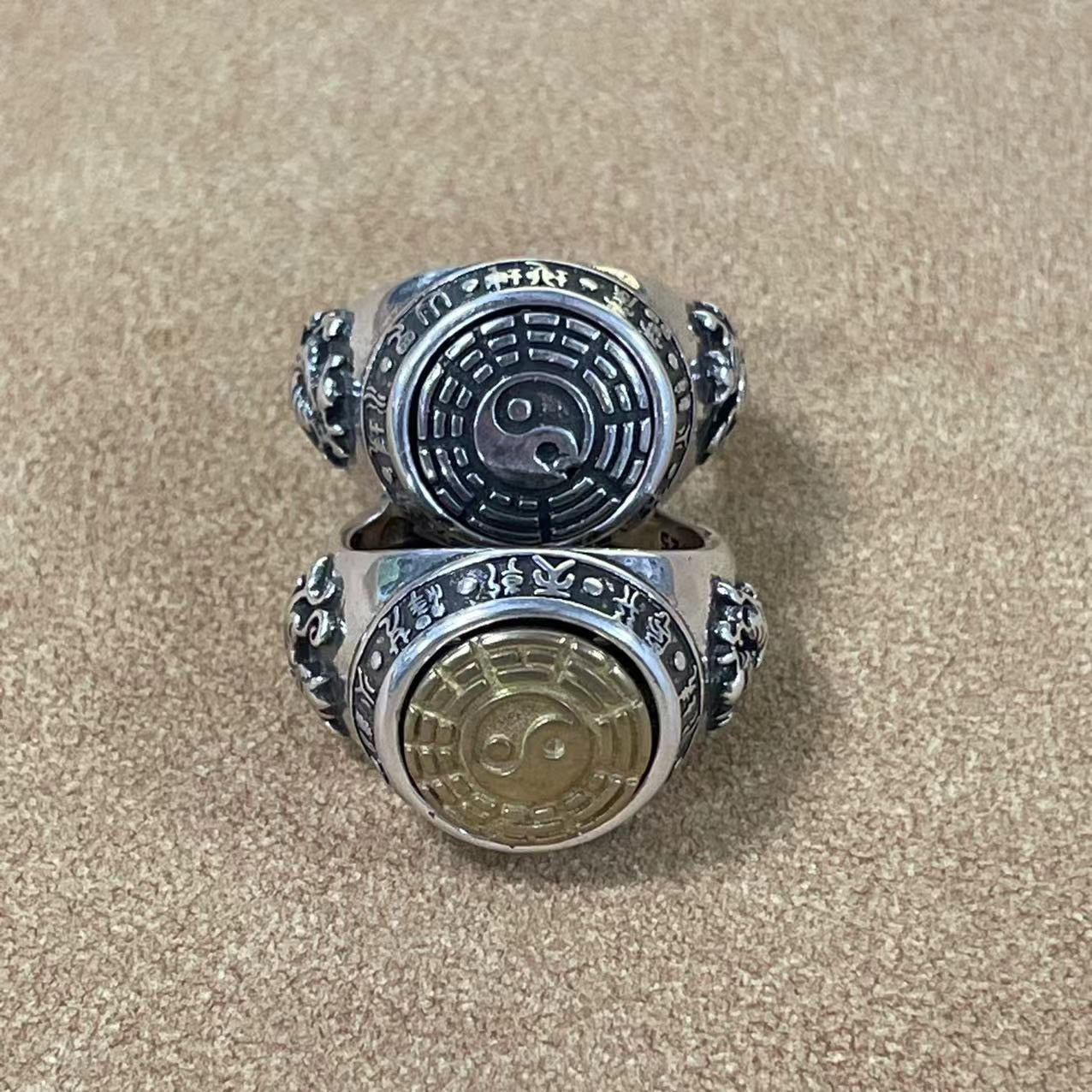 復古道系可調整道家九宮八卦銀戒指男女同款小眾轉運飾品 新中式國潮個性戒指 神祕文化元素時尚配飾 開口戒指 古風潮流可轉動