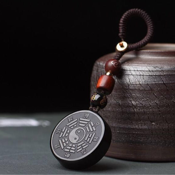 天然黑曜石道家山鬼花錢吊墜 辟邪祈福個性鑰匙扣飾品 古風道家文化轉運保平安配飾 時尚護身吊飾