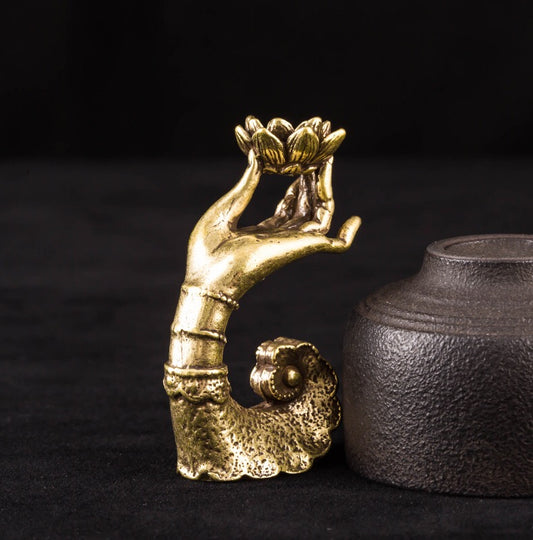 Exquisite brass Buddha hand holding lotus aromatherapy burner | An ideal home decoration for creating a meditation space