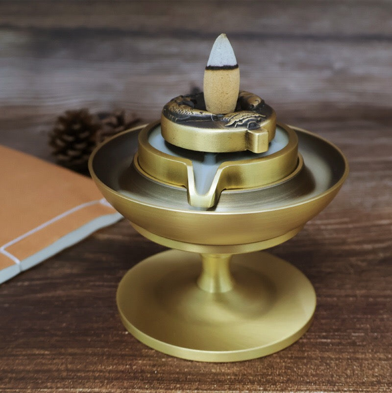 中式復古黃銅雙魚石磨倒流香爐 禪意家居裝飾擺件 香道用品