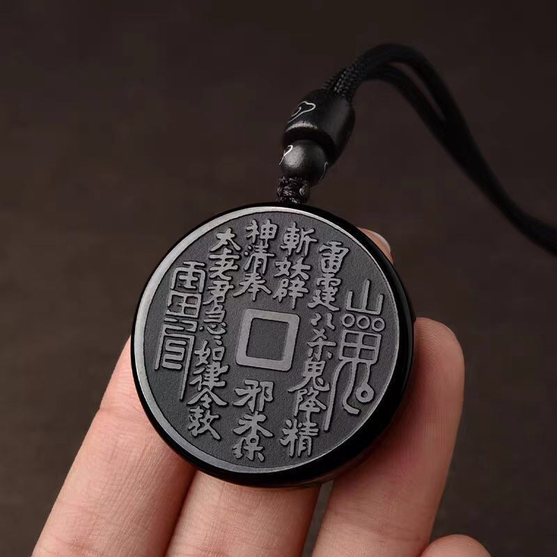 天然黑曜石道家山鬼花錢吊墜 辟邪祈福個性鑰匙扣飾品 古風道家文化轉運保平安配飾 時尚護身吊飾